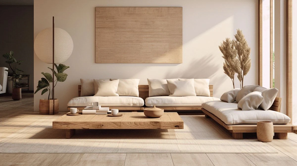 Phòng khách với sofa và bàn trà gỗ tự nhiên