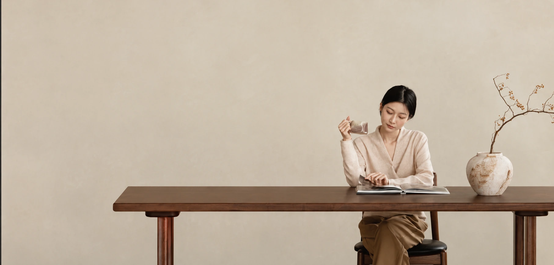 Người phụ nữ bên bàn gỗ